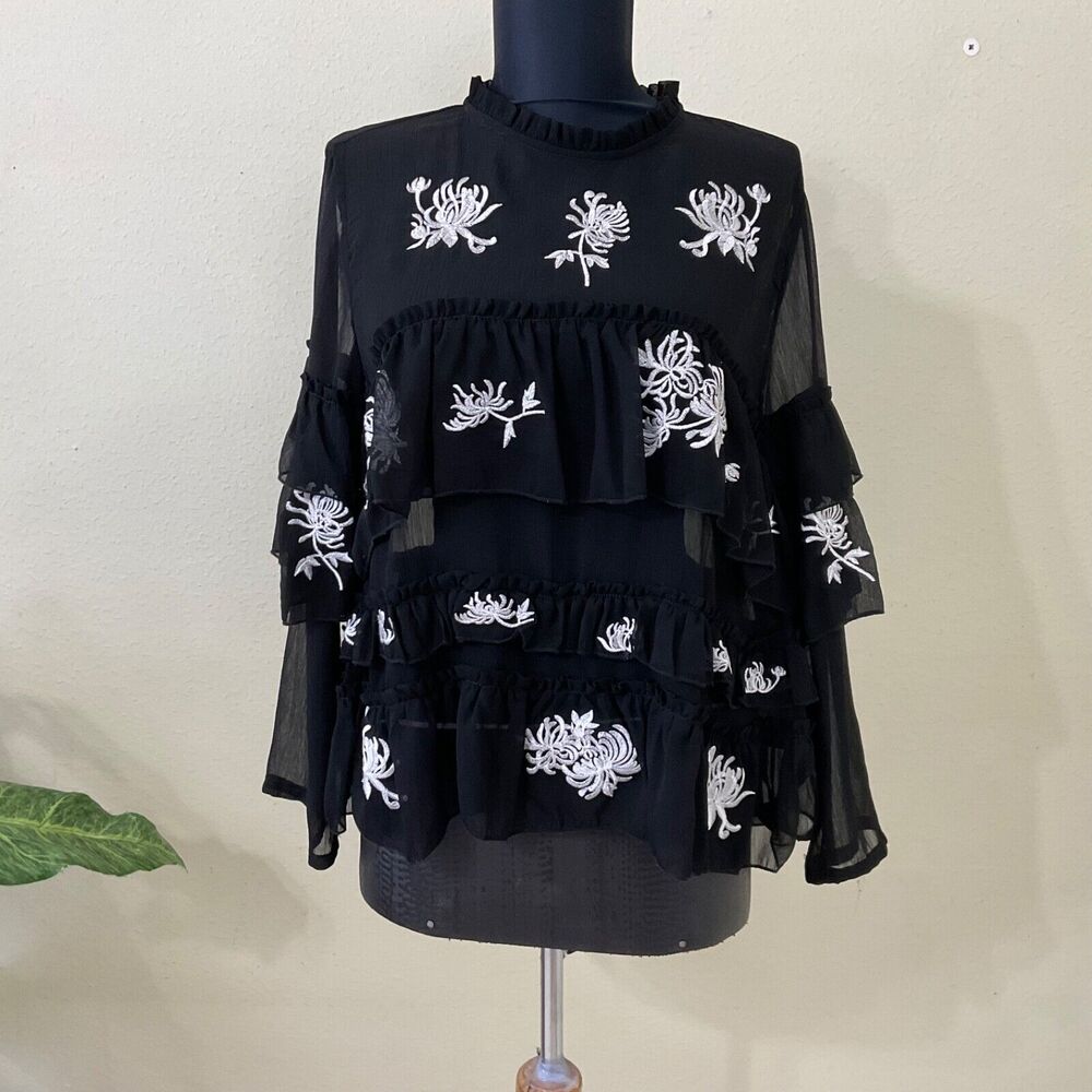 Zara Woman Top women’s size M ruffled Tiered Semi Sheer Black w/White Embroidery
